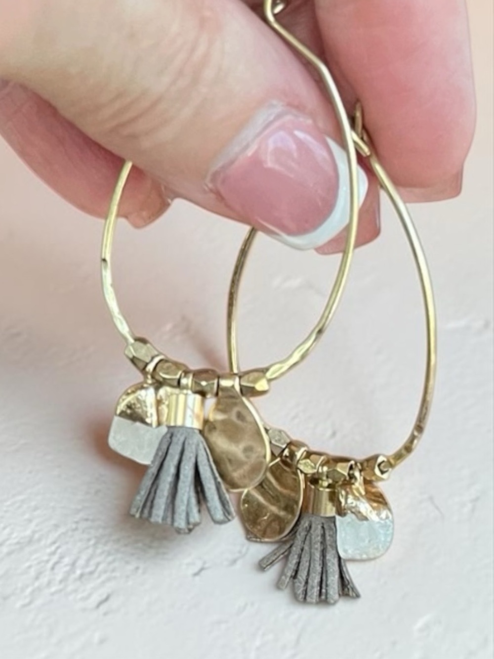 Bohemian Leather Tassel White Quartz & Gold Tone Hoop Earrings